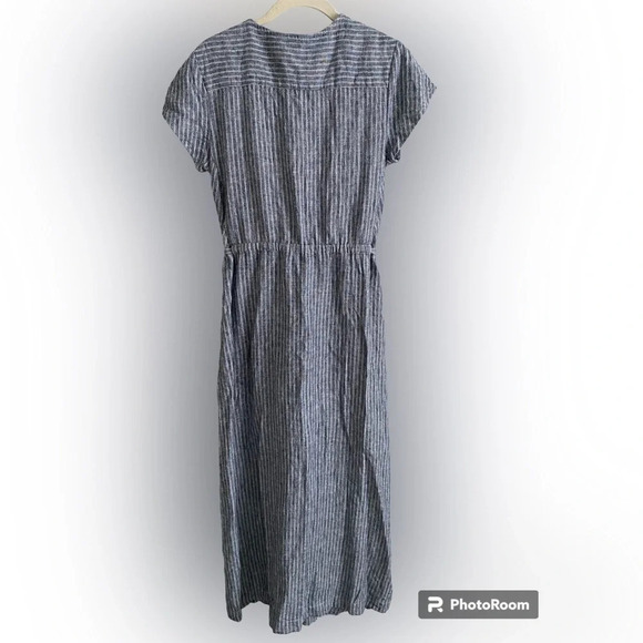 BANANA Republic Linen Striped Blue and White Short Sleeve Midi Wrap Dress Size 2 - Picture 3 of 15
